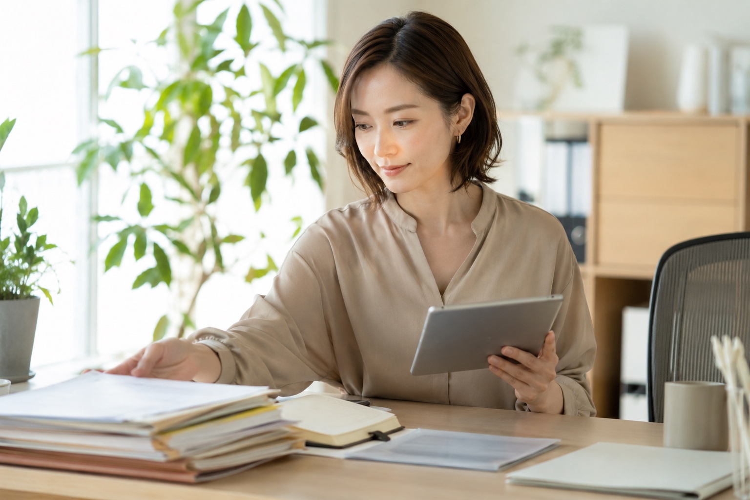タブレットを手に書類を整理するスタッフ。業務整理のイメージ